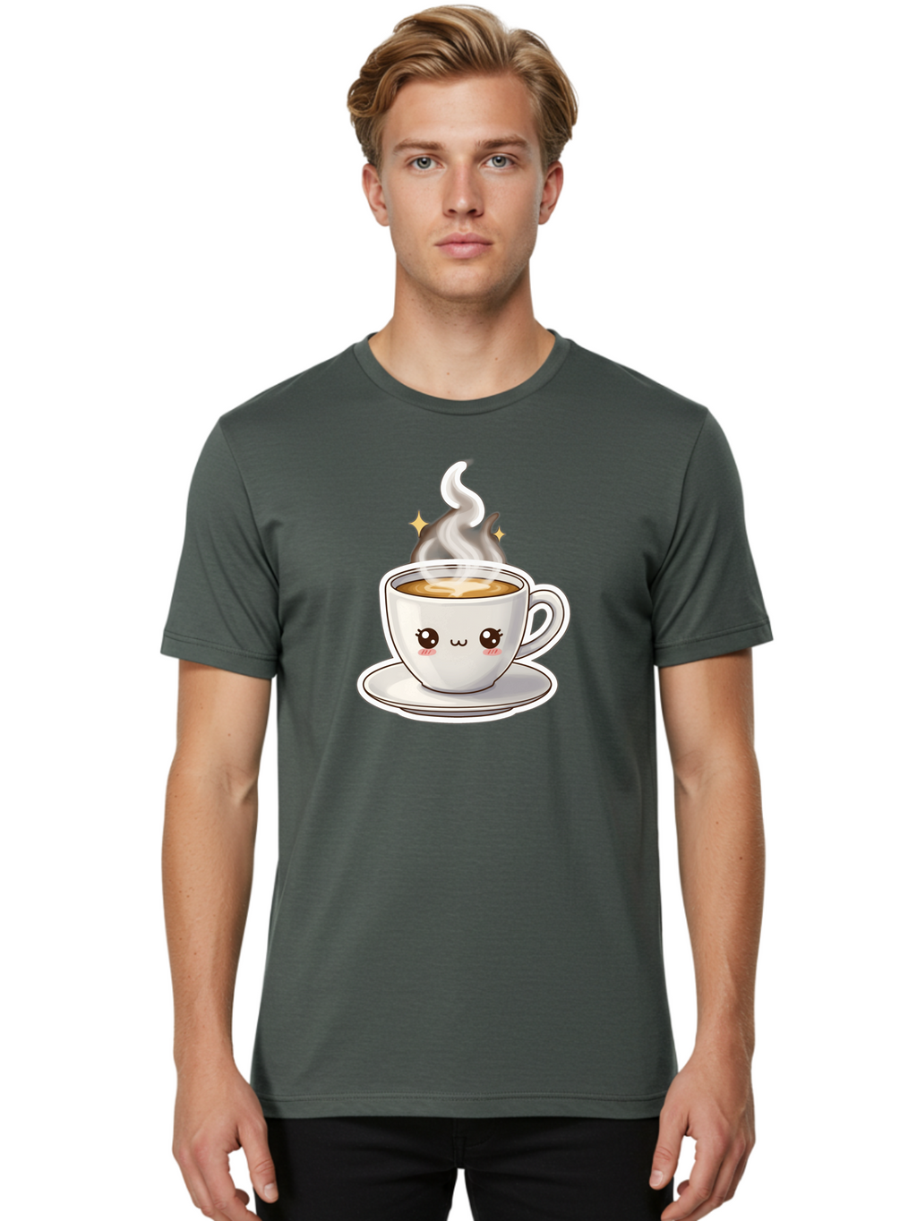 Cute-Coffee-Cup Men'S Graphic Tee, 100% Cotton, Comfortable Casual Summer Wear, Machine Washable, Cute Coffee Cup, Coffee, Coffee Break, Cartoon Character, Steaming Hot Beverage, Kawaii, Morning Pick-Me-Up, Coffee Lover, Happy Face, Espresso Bab846