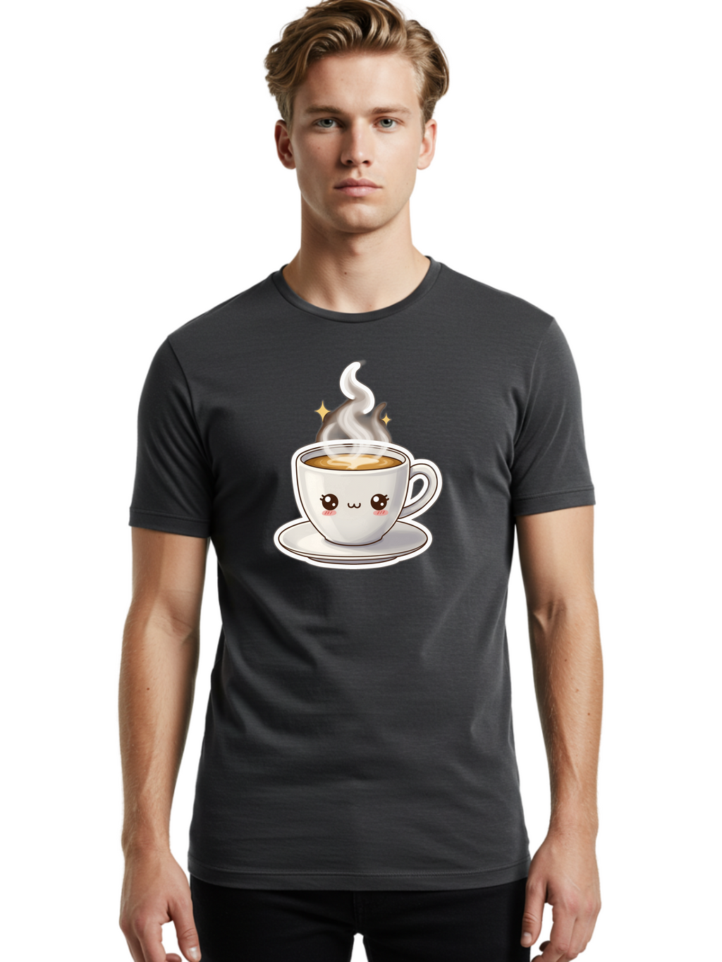 Cute-Coffee-Cup Men'S Graphic Tee, 100% Cotton, Comfortable Casual Summer Wear, Machine Washable, Cute Coffee Cup, Coffee, Coffee Break, Cartoon Character, Steaming Hot Beverage, Kawaii, Morning Pick-Me-Up, Coffee Lover, Happy Face, Espresso Bab846