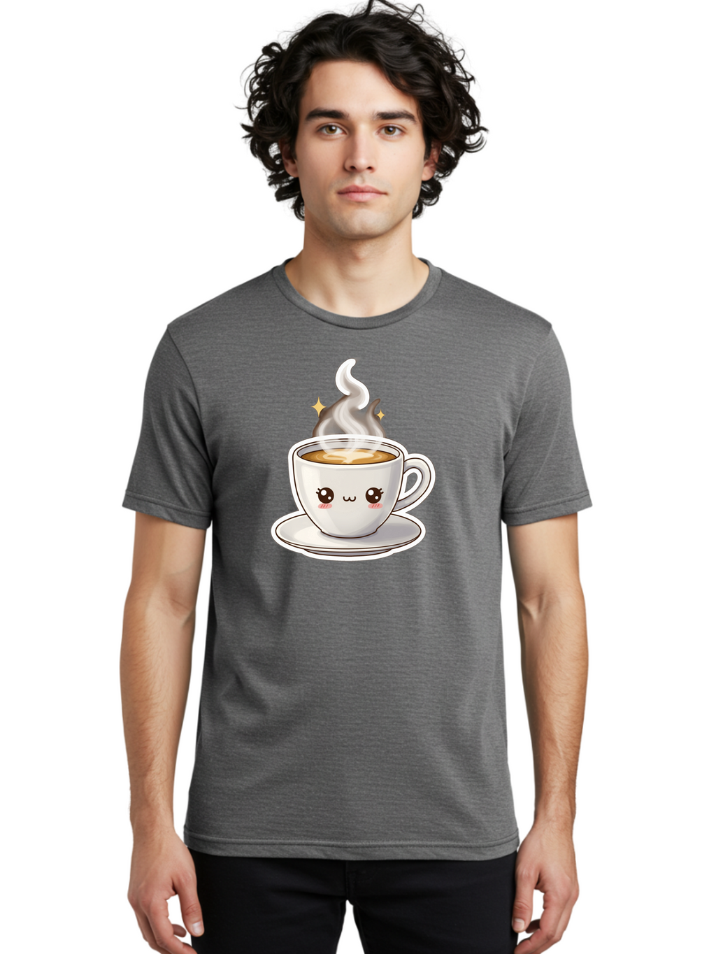 Cute-Coffee-Cup Men'S Graphic Tee, 100% Cotton, Comfortable Casual Summer Wear, Machine Washable, Cute Coffee Cup, Coffee, Coffee Break, Cartoon Character, Steaming Hot Beverage, Kawaii, Morning Pick-Me-Up, Coffee Lover, Happy Face, Espresso Bab846
