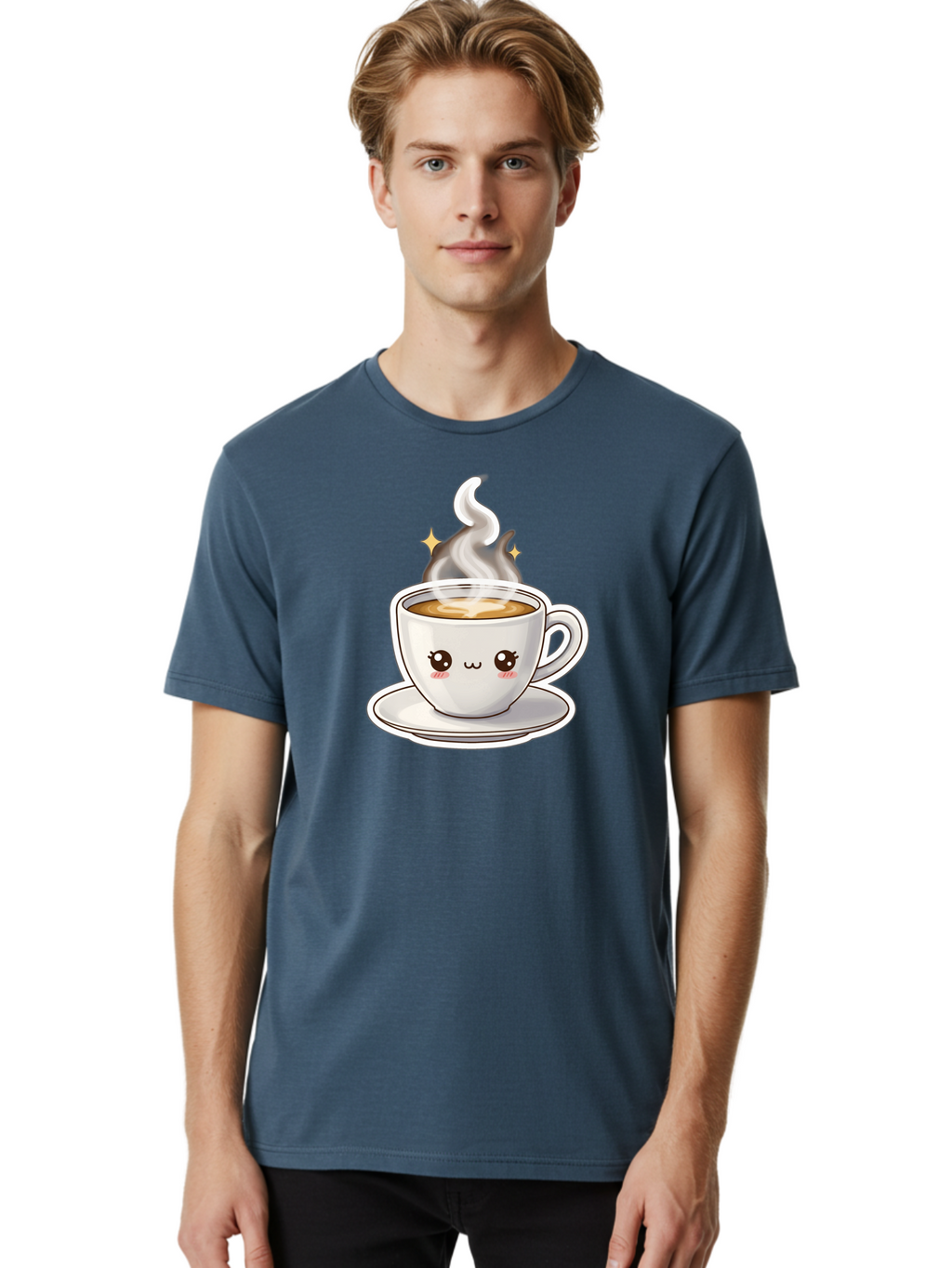 Cute-Coffee-Cup Men'S Graphic Tee, 100% Cotton, Comfortable Casual Summer Wear, Machine Washable, Cute Coffee Cup, Coffee, Coffee Break, Cartoon Character, Steaming Hot Beverage, Kawaii, Morning Pick-Me-Up, Coffee Lover, Happy Face, Espresso Bab846