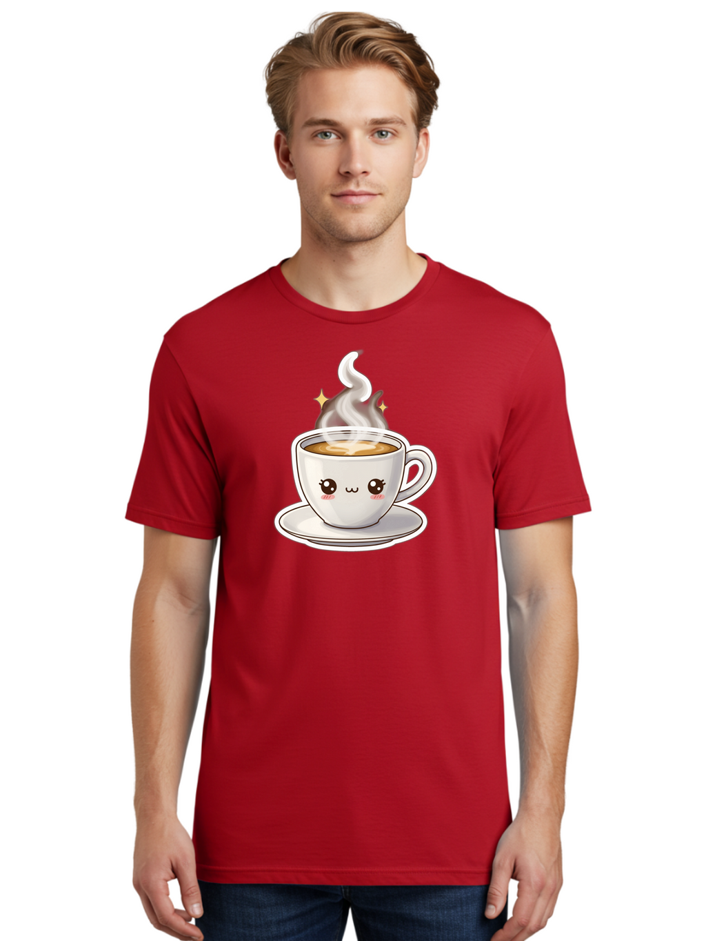 Cute-Coffee-Cup Men'S Graphic Tee, 100% Cotton, Comfortable Casual Summer Wear, Machine Washable, Cute Coffee Cup, Coffee, Coffee Break, Cartoon Character, Steaming Hot Beverage, Kawaii, Morning Pick-Me-Up, Coffee Lover, Happy Face, Espresso Bab846