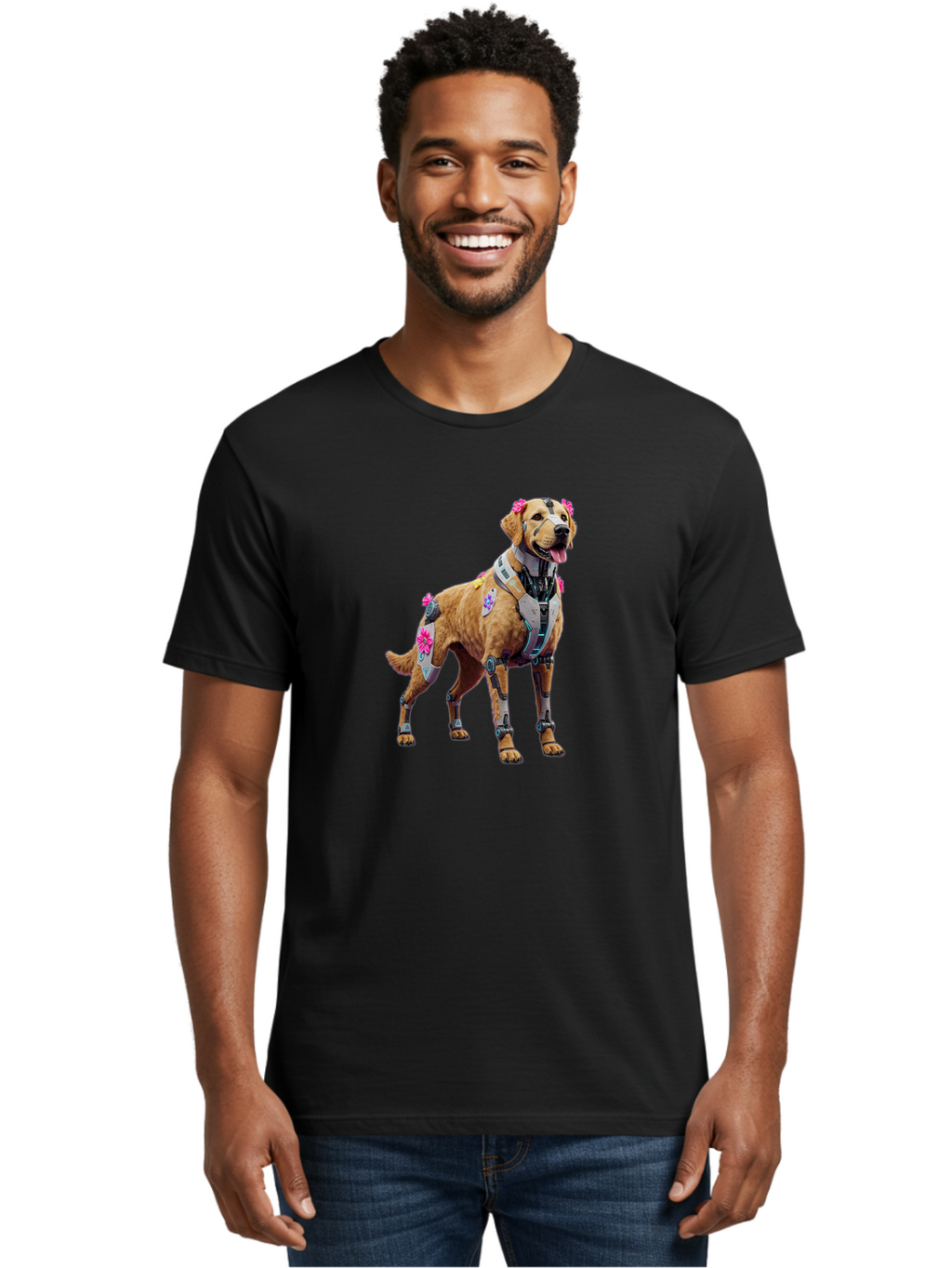 Cyber-Dog Men'S Graphic Tee, 100% Cotton, Comfortable Casual Summer Wear, Machine Washable, Cyberpunk Dog, Futuristic Canine, Dog With Cybernetic Enhancements, Robotic Dog, Sci-Fi Pet, Flowers On Ears, Floral Accents, Metallic Plating, Bab847