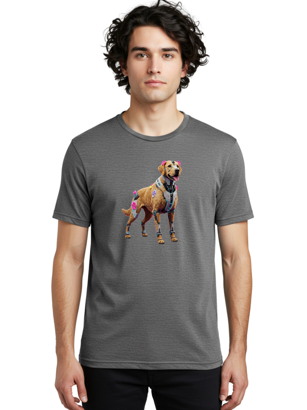 Cyber-Dog Men'S Graphic Tee, 100% Cotton, Comfortable Casual Summer Wear, Machine Washable, Cyberpunk Dog, Futuristic Canine, Dog With Cybernetic Enhancements, Robotic Dog, Sci-Fi Pet, Flowers On Ears, Floral Accents, Metallic Plating, Bab847