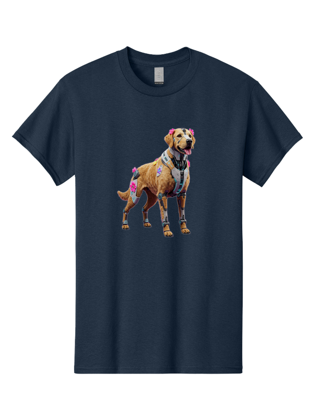 Cyber-Dog Men'S Graphic Tee, 100% Cotton, Comfortable Casual Summer Wear, Machine Washable, Cyberpunk Dog, Futuristic Canine, Dog With Cybernetic Enhancements, Robotic Dog, Sci-Fi Pet, Flowers On Ears, Floral Accents, Metallic Plating, Bab847