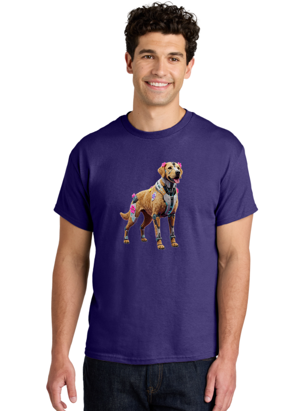 Cyber-Dog Men'S Graphic Tee, 100% Cotton, Comfortable Casual Summer Wear, Machine Washable, Cyberpunk Dog, Futuristic Canine, Dog With Cybernetic Enhancements, Robotic Dog, Sci-Fi Pet, Flowers On Ears, Floral Accents, Metallic Plating, Bab847