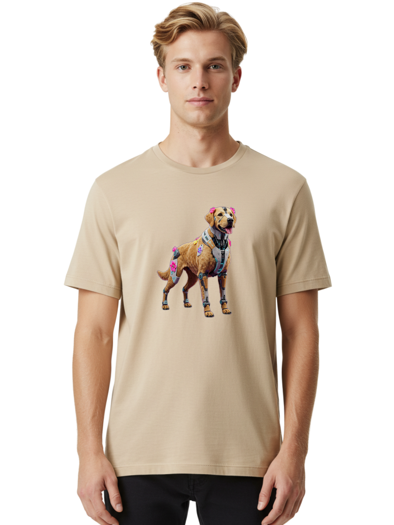 Cyber-Dog Men'S Graphic Tee, 100% Cotton, Comfortable Casual Summer Wear, Machine Washable, Cyberpunk Dog, Futuristic Canine, Dog With Cybernetic Enhancements, Robotic Dog, Sci-Fi Pet, Flowers On Ears, Floral Accents, Metallic Plating, Bab847