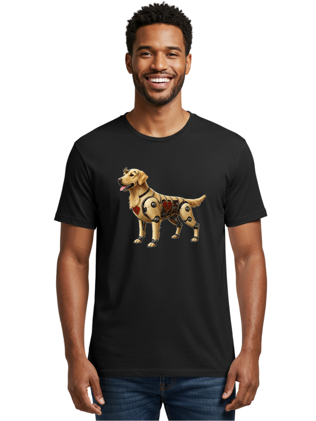 Cyborg-Golden-Retriever Men'S Graphic Tee, 100% Cotton, Comfortable Casual Summer Wear, Machine Washable, Cyborg Dog, Robotic Limbs, Golden Retriever, Futuristic Pet, Sci-Fi Art, Mechanical Enhancements, Heart-Shaped Components, Bab848