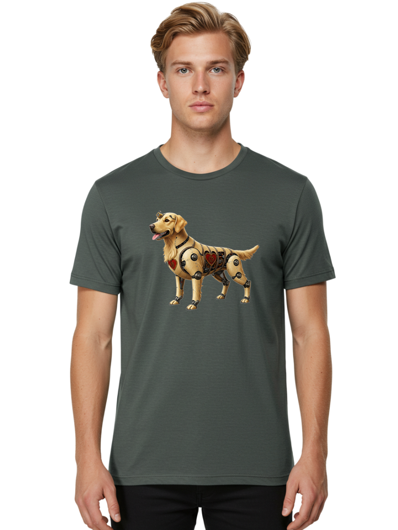 Cyborg-Golden-Retriever Men'S Graphic Tee, 100% Cotton, Comfortable Casual Summer Wear, Machine Washable, Cyborg Dog, Robotic Limbs, Golden Retriever, Futuristic Pet, Sci-Fi Art, Mechanical Enhancements, Heart-Shaped Components, Bab848