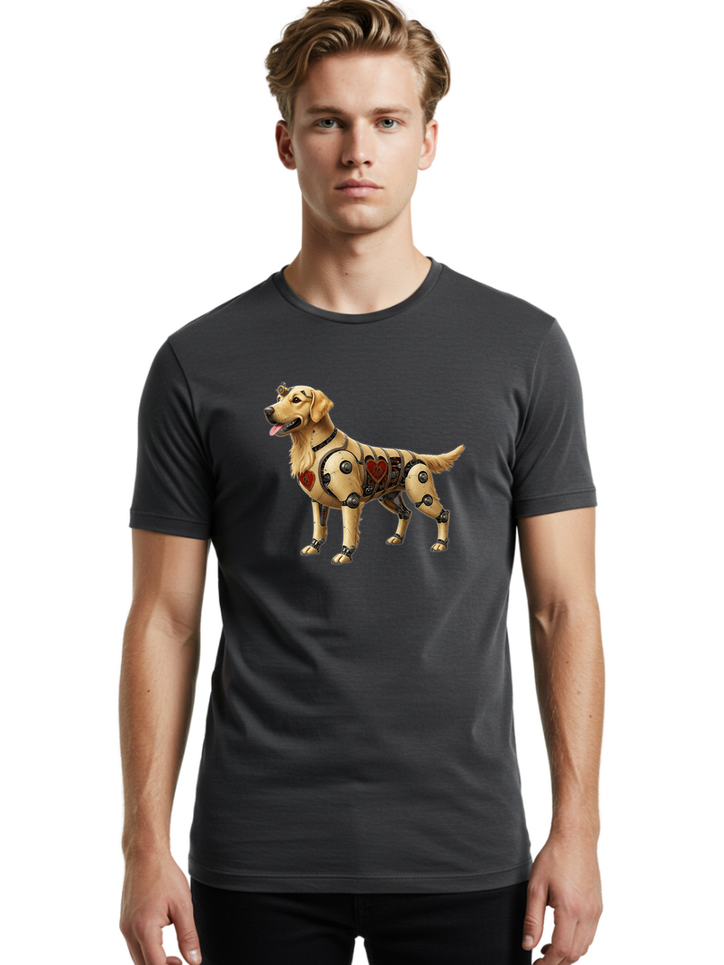 Cyborg-Golden-Retriever Men'S Graphic Tee, 100% Cotton, Comfortable Casual Summer Wear, Machine Washable, Cyborg Dog, Robotic Limbs, Golden Retriever, Futuristic Pet, Sci-Fi Art, Mechanical Enhancements, Heart-Shaped Components, Bab848