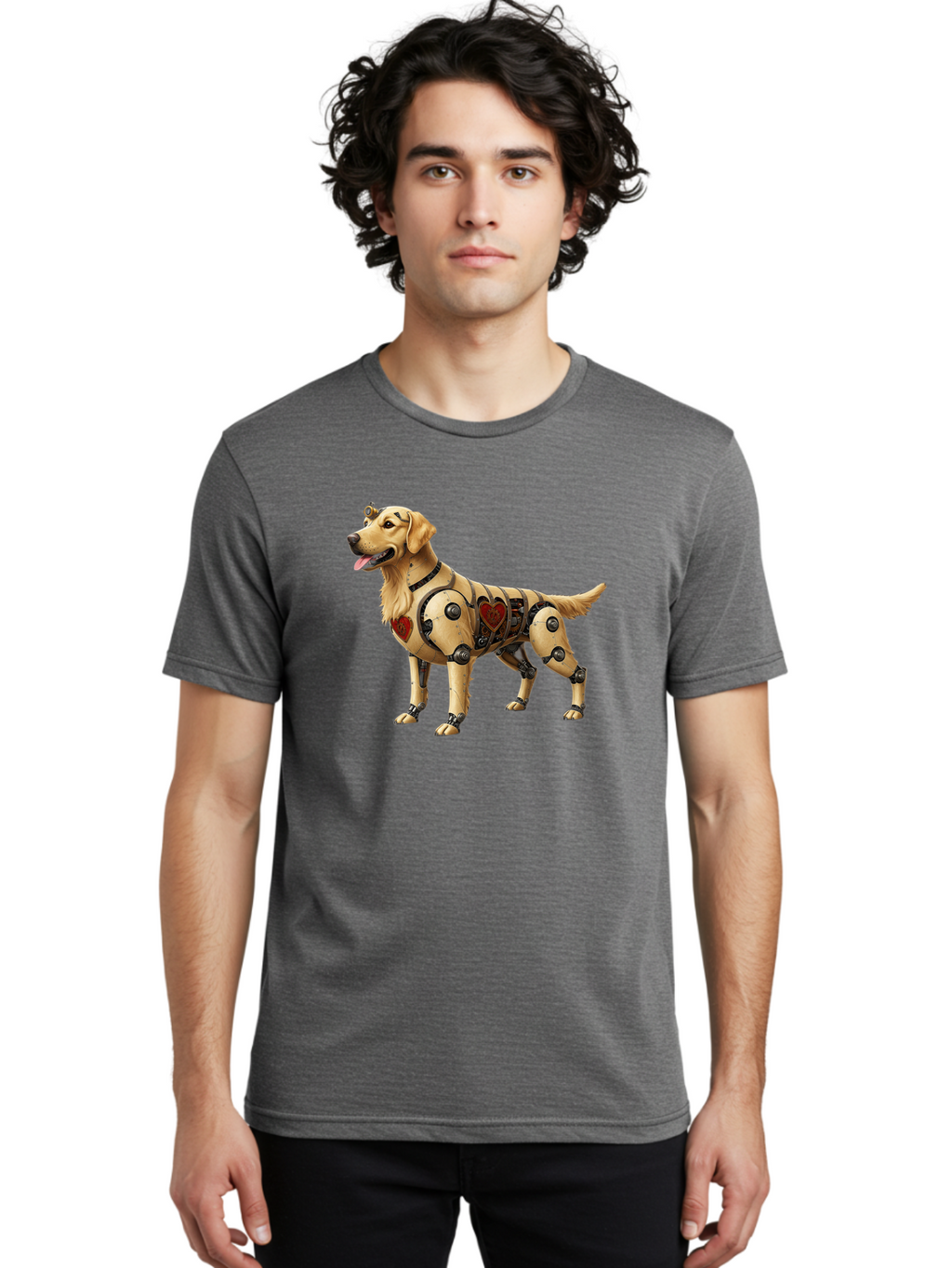 Cyborg-Golden-Retriever Men'S Graphic Tee, 100% Cotton, Comfortable Casual Summer Wear, Machine Washable, Cyborg Dog, Robotic Limbs, Golden Retriever, Futuristic Pet, Sci-Fi Art, Mechanical Enhancements, Heart-Shaped Components, Bab848