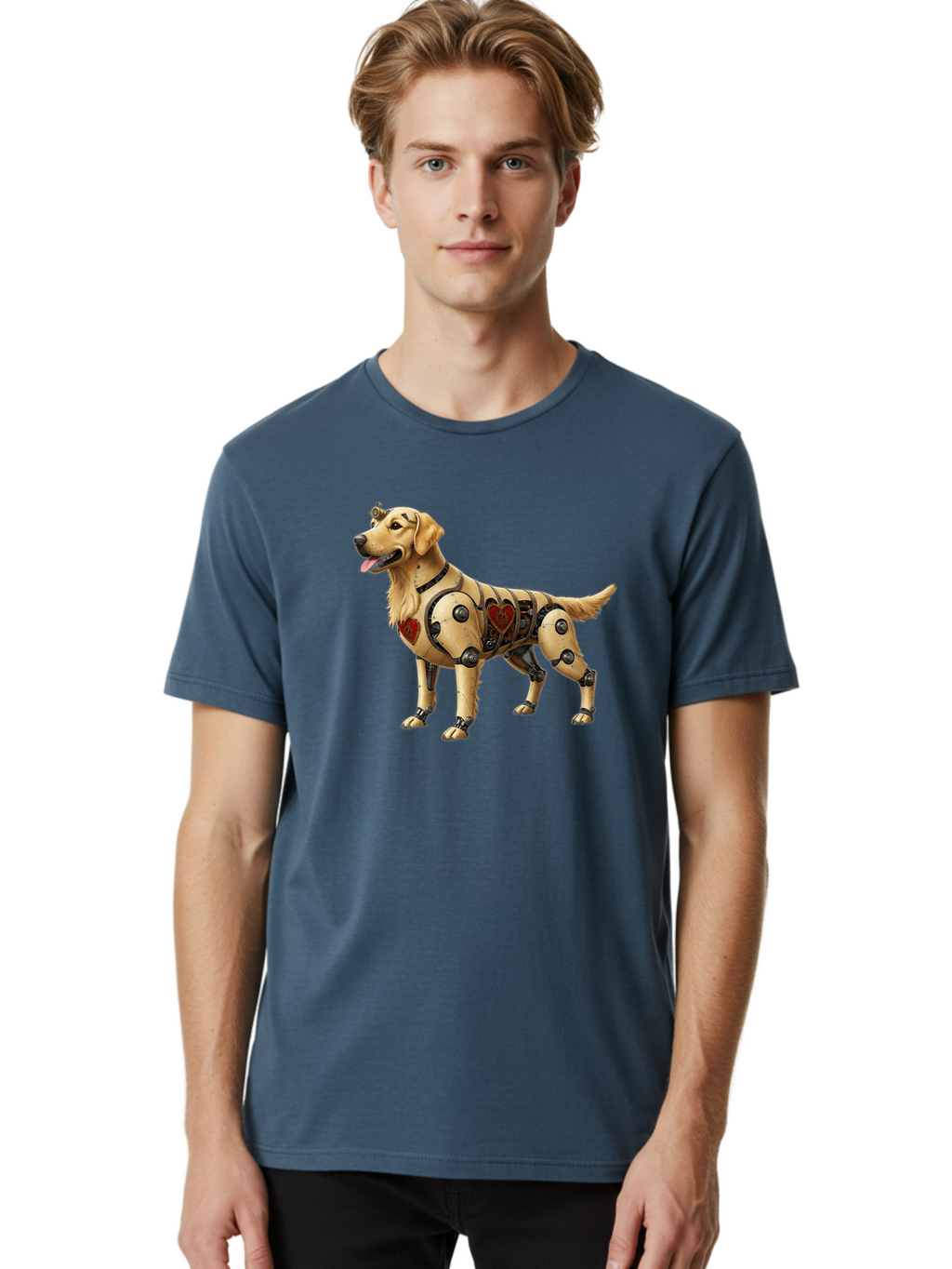 Cyborg-Golden-Retriever Men'S Graphic Tee, 100% Cotton, Comfortable Casual Summer Wear, Machine Washable, Cyborg Dog, Robotic Limbs, Golden Retriever, Futuristic Pet, Sci-Fi Art, Mechanical Enhancements, Heart-Shaped Components, Bab848