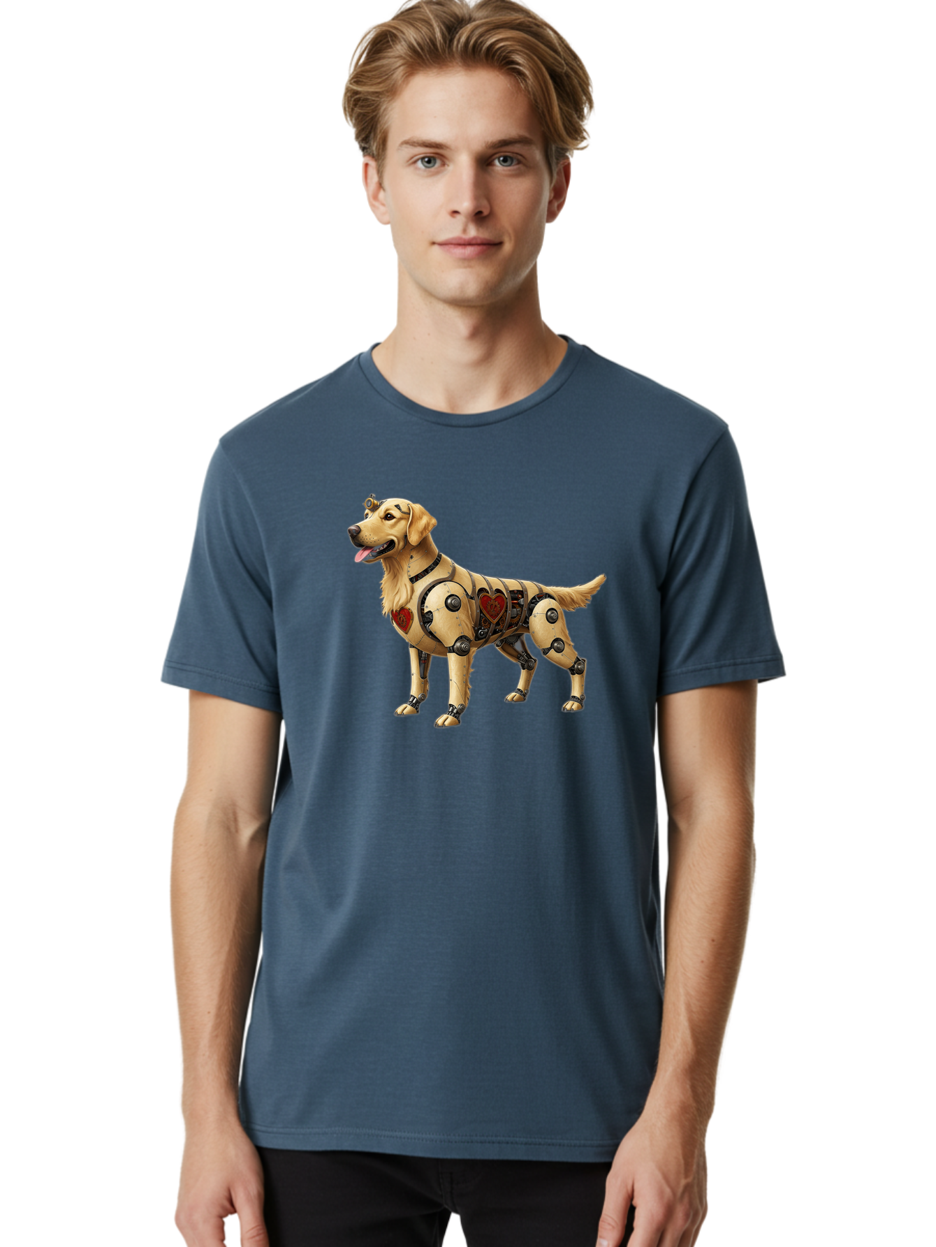 Cyborg-Golden-Retriever Men'S Graphic Tee, 100% Cotton, Comfortable Casual Summer Wear, Machine Washable, Cyborg Dog, Robotic Limbs, Golden Retriever, Futuristic Pet, Sci-Fi Art, Mechanical Enhancements, Heart-Shaped Components, Bab848