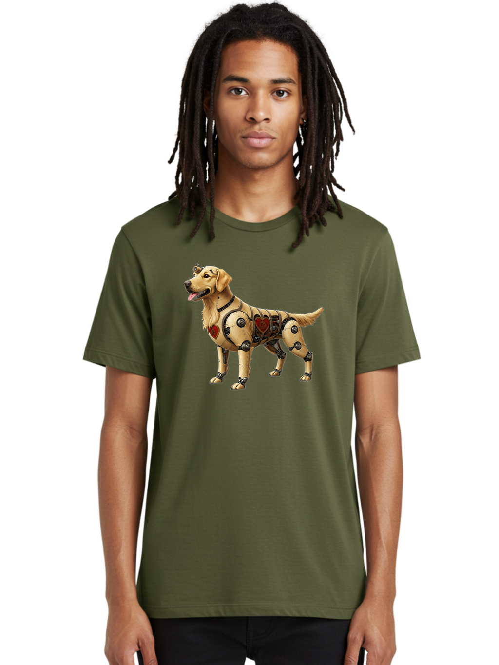 Cyborg-Golden-Retriever Men'S Graphic Tee, 100% Cotton, Comfortable Casual Summer Wear, Machine Washable, Cyborg Dog, Robotic Limbs, Golden Retriever, Futuristic Pet, Sci-Fi Art, Mechanical Enhancements, Heart-Shaped Components, Bab848