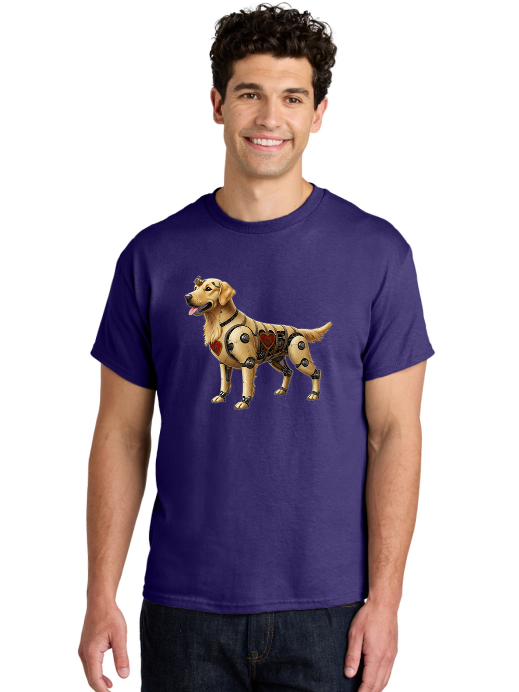 Cyborg-Golden-Retriever Men'S Graphic Tee, 100% Cotton, Comfortable Casual Summer Wear, Machine Washable, Cyborg Dog, Robotic Limbs, Golden Retriever, Futuristic Pet, Sci-Fi Art, Mechanical Enhancements, Heart-Shaped Components, Bab848