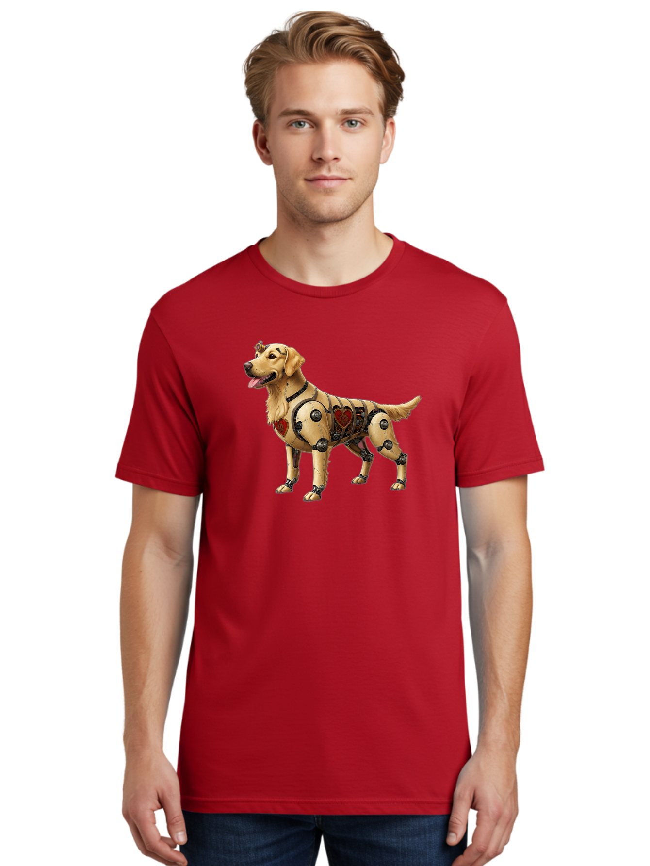 Cyborg-Golden-Retriever Men'S Graphic Tee, 100% Cotton, Comfortable Casual Summer Wear, Machine Washable, Cyborg Dog, Robotic Limbs, Golden Retriever, Futuristic Pet, Sci-Fi Art, Mechanical Enhancements, Heart-Shaped Components, Bab848