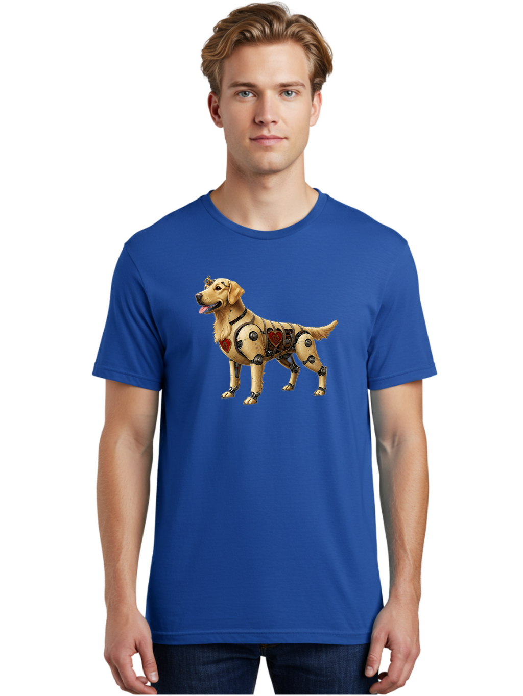 Cyborg-Golden-Retriever Men'S Graphic Tee, 100% Cotton, Comfortable Casual Summer Wear, Machine Washable, Cyborg Dog, Robotic Limbs, Golden Retriever, Futuristic Pet, Sci-Fi Art, Mechanical Enhancements, Heart-Shaped Components, Bab848