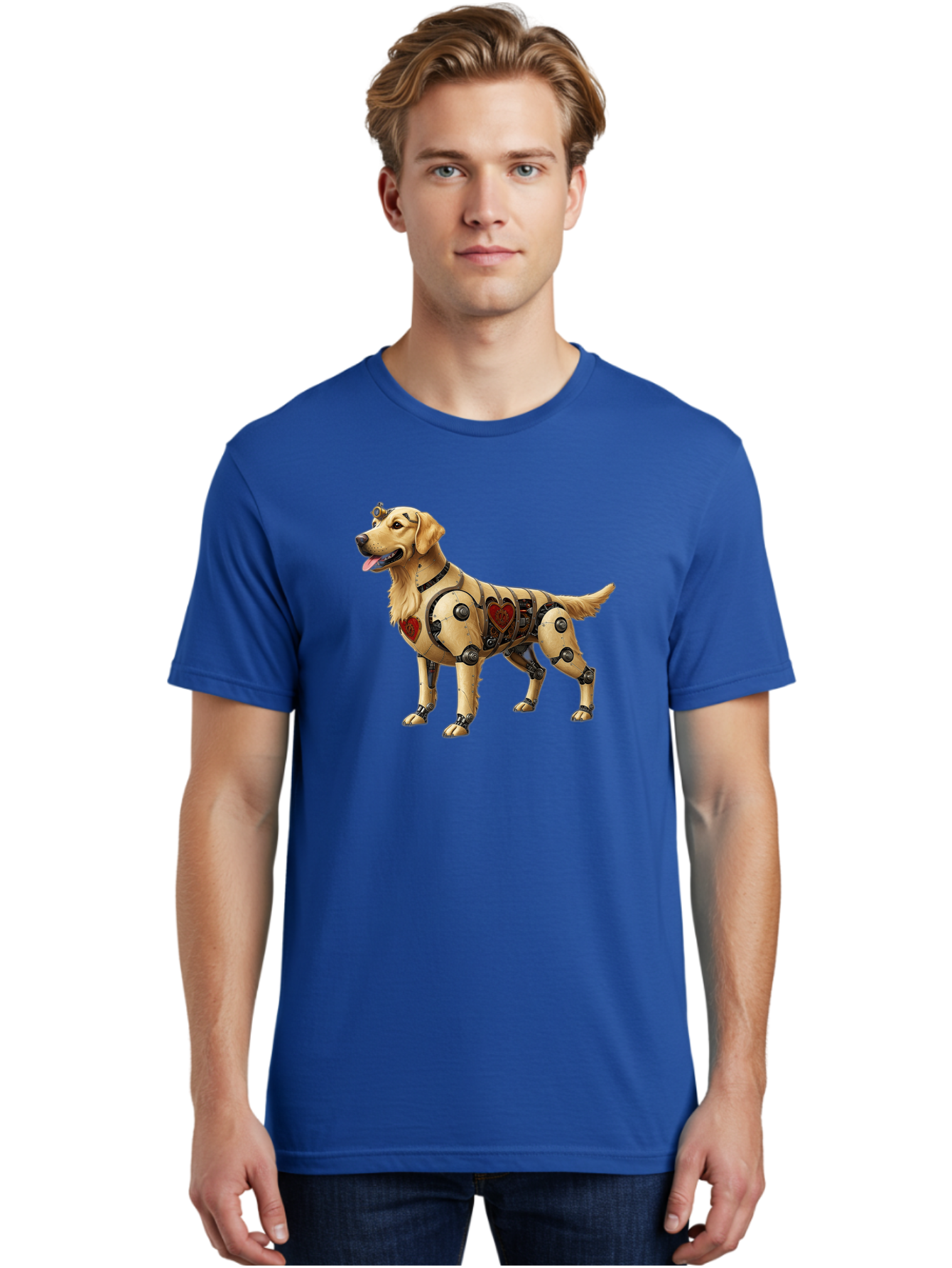 Cyborg-Golden-Retriever Men'S Graphic Tee, 100% Cotton, Comfortable Casual Summer Wear, Machine Washable, Cyborg Dog, Robotic Limbs, Golden Retriever, Futuristic Pet, Sci-Fi Art, Mechanical Enhancements, Heart-Shaped Components, Bab848