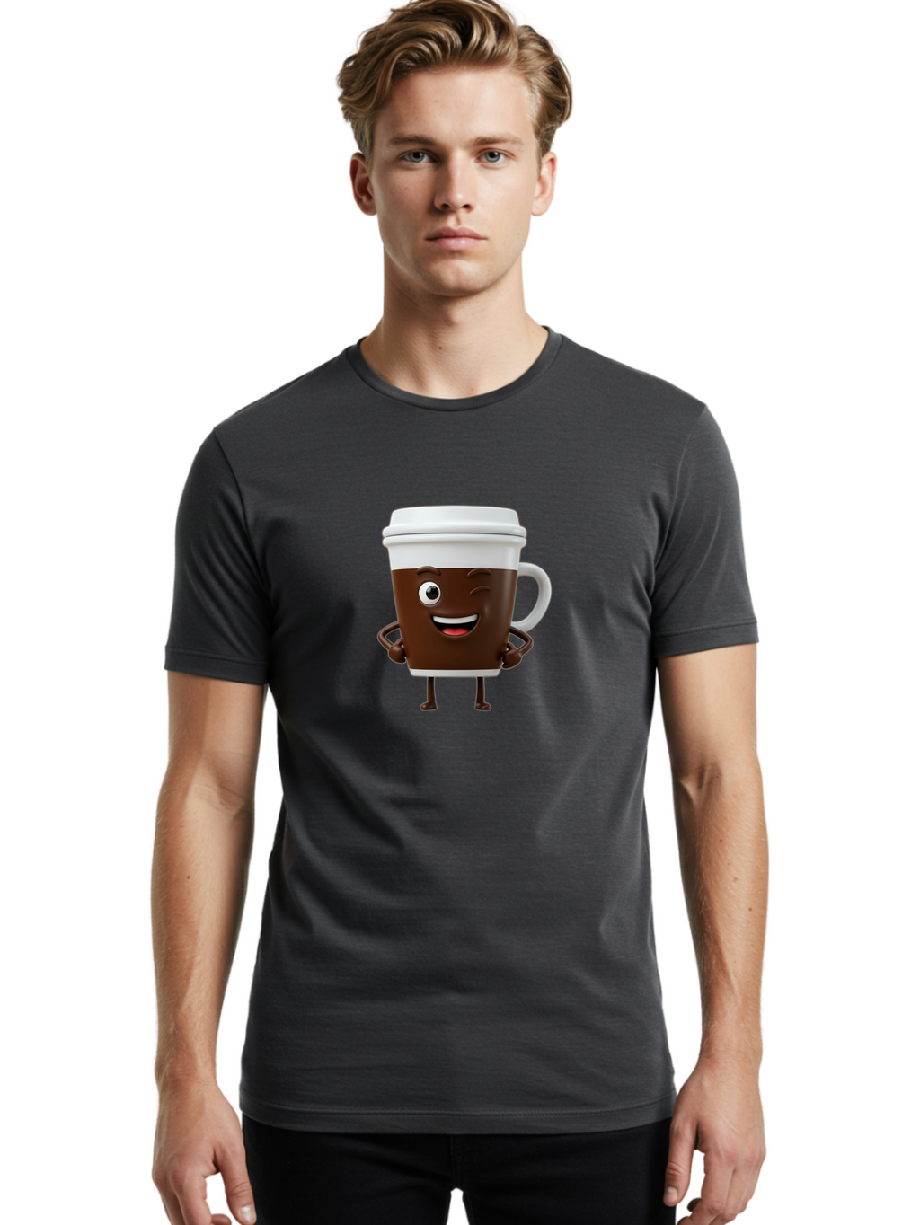 Cyclops-Coffee Men'S Graphic Tee, 100% Cotton, Comfortable Casual Summer Wear, Machine Washable, Cartoon Coffee Cup, Happy Expression, Coffee Culture, Morning Pick-Me-Up, Beverage Character, Funny Face, Playful Design, Coffee Lover, To-Go Cup Bab849