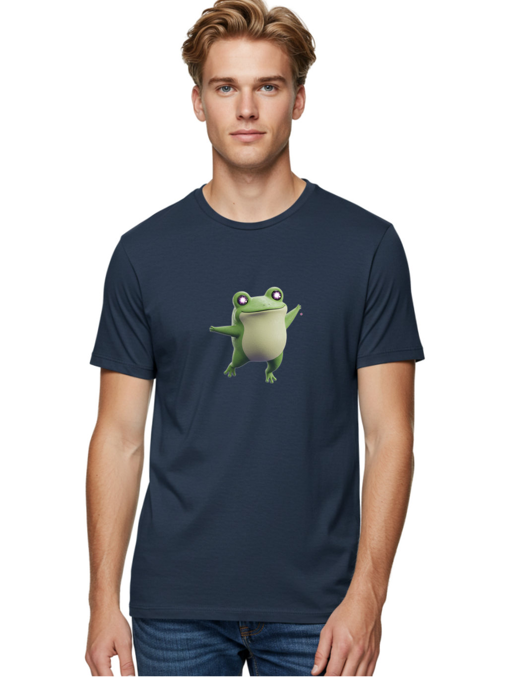Dancing-Frog-1 Men'S Graphic Tee, 100% Cotton, Comfortable Casual Summer Wear, Machine Washable, Cartoon Frog, Dancing Pose, Funny Animal, Animated Character, 3D Rendering, Big Eyes, Cute Creature, Playful Gesture, Comedic Effect Bab850