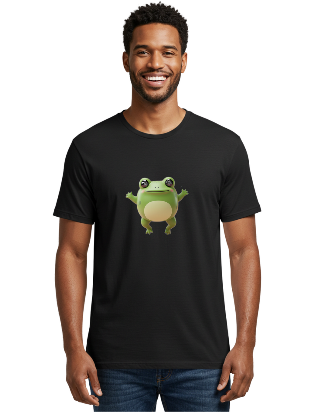 Dancing-Frog Men'S Graphic Tee, 100% Cotton, Comfortable Casual Summer Wear, Machine Washable, Cartoon Frog, Green Frog, 3D Illustration, Funny Animal, Happy Expression, Dancing Pose, Cute Creature, Playful Character, Amphibian, Bab851