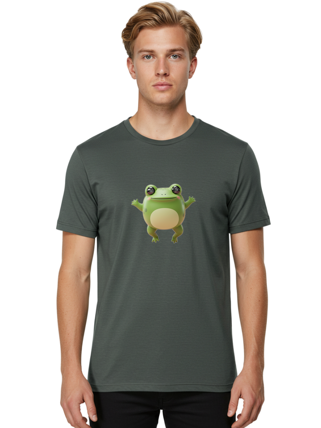 Dancing-Frog Men'S Graphic Tee, 100% Cotton, Comfortable Casual Summer Wear, Machine Washable, Cartoon Frog, Green Frog, 3D Illustration, Funny Animal, Happy Expression, Dancing Pose, Cute Creature, Playful Character, Amphibian, Bab851