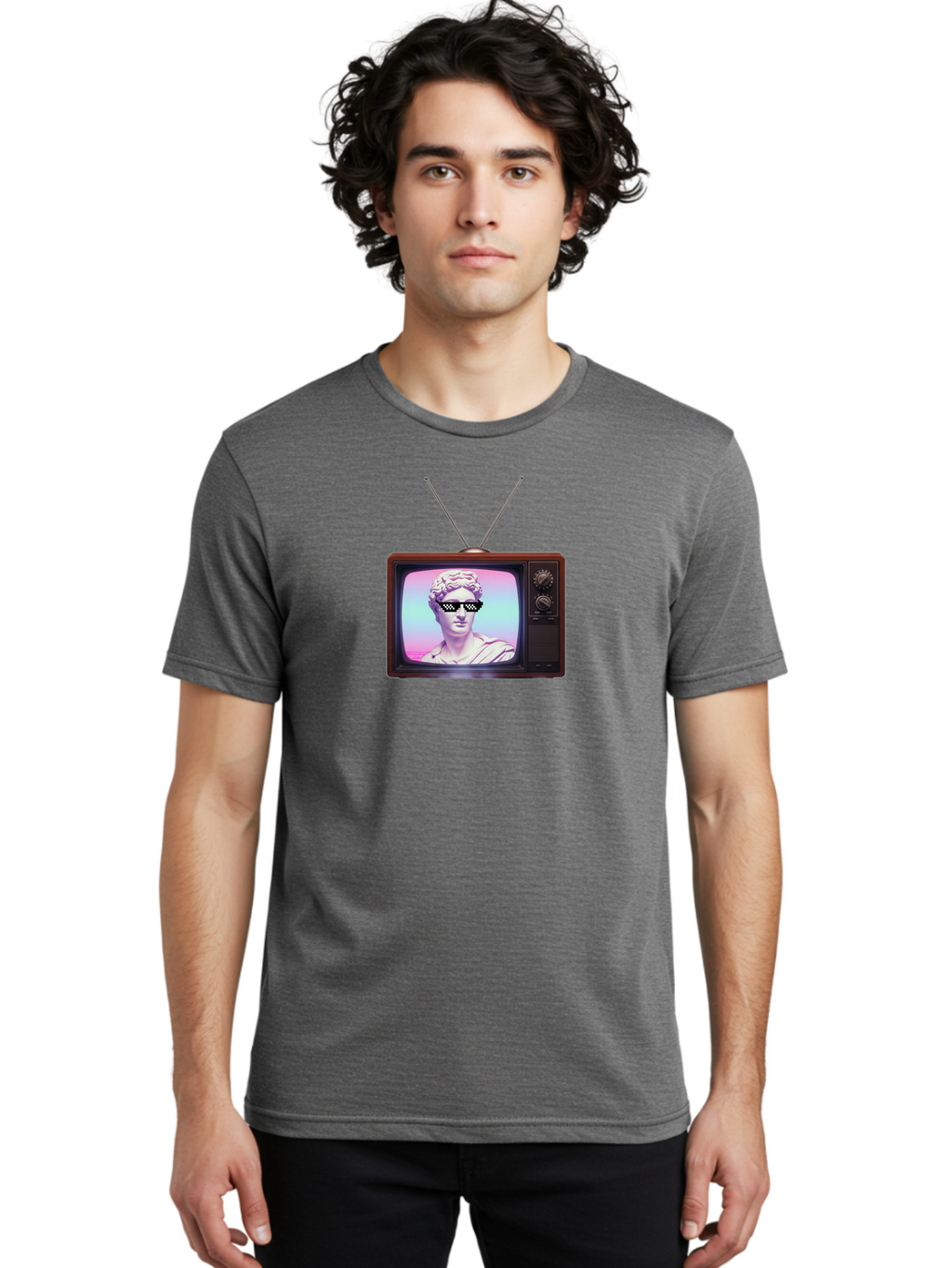 David-Wearing-Sunglasses Men'S Graphic Tee, 100% Cotton, Comfortable Casual Summer Wear, Machine Washable, Vintage Television, Antique Tv, David Statue, Thug Life Shades, Sunglasses On Statue, Pop Culture, Retro Technology, Bab852