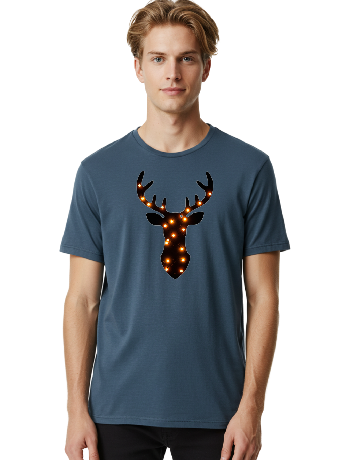 Deer-Head-With-Lights Men'S Graphic Tee, 100% Cotton, Comfortable Casual Summer Wear, Machine Washable, Deer Head Silhouette, String Lights, Festive Decor, Warm Glow, Holiday Decoration, Maroon Lights, Glowing Antlers, Illuminated Wildlife, Bab854