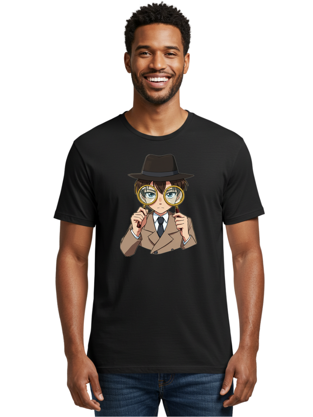Detective-Boy Men'S Graphic Tee, 100% Cotton, Comfortable Casual Summer Wear, Machine Washable, Anime Boy, Magnifying Glass, Detective Theme, Investigation, Observation, Blue Eyes, Brown Hair, Brown Suit, Black Tie, White Shirt Bab855