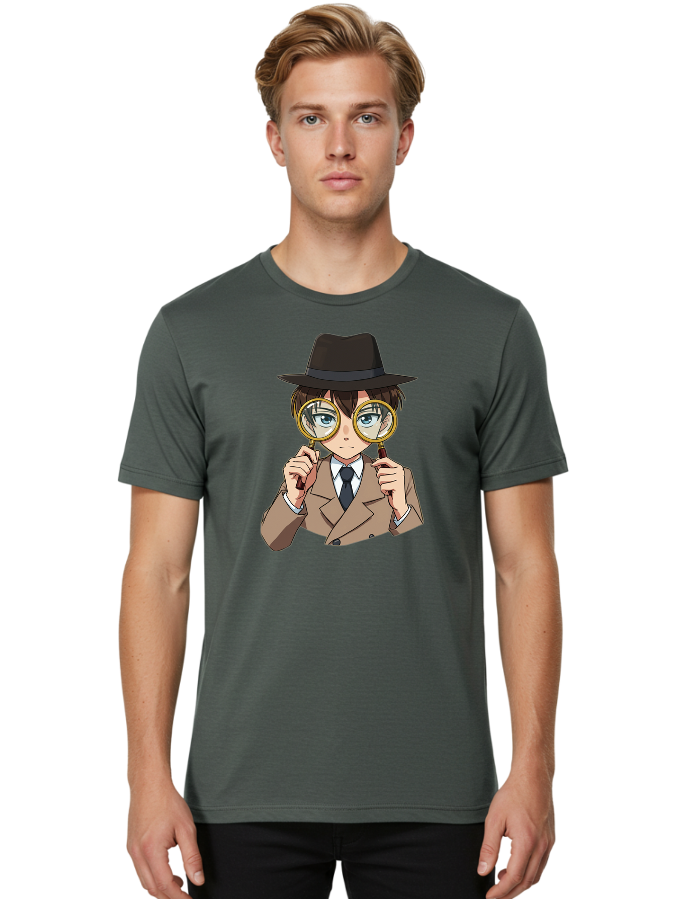 Detective-Boy Men'S Graphic Tee, 100% Cotton, Comfortable Casual Summer Wear, Machine Washable, Anime Boy, Magnifying Glass, Detective Theme, Investigation, Observation, Blue Eyes, Brown Hair, Brown Suit, Black Tie, White Shirt Bab855