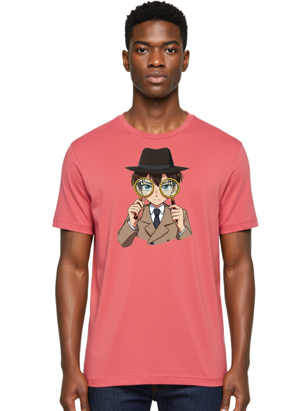 Detective-Boy Men'S Graphic Tee, 100% Cotton, Comfortable Casual Summer Wear, Machine Washable, Anime Boy, Magnifying Glass, Detective Theme, Investigation, Observation, Blue Eyes, Brown Hair, Brown Suit, Black Tie, White Shirt Bab855