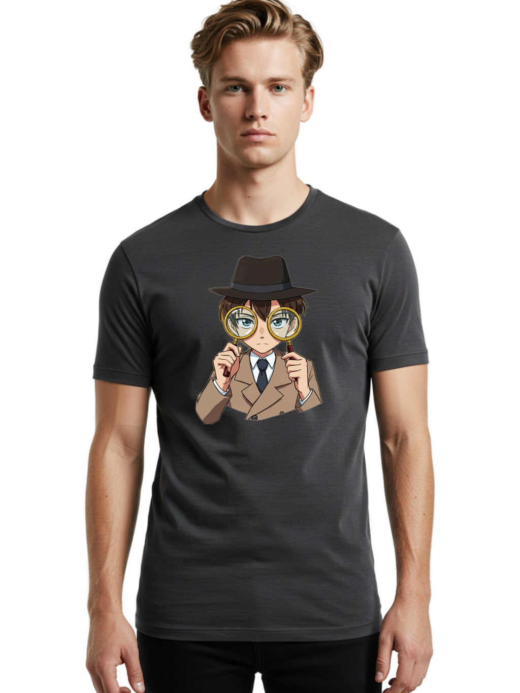Detective-Boy Men'S Graphic Tee, 100% Cotton, Comfortable Casual Summer Wear, Machine Washable, Anime Boy, Magnifying Glass, Detective Theme, Investigation, Observation, Blue Eyes, Brown Hair, Brown Suit, Black Tie, White Shirt Bab855