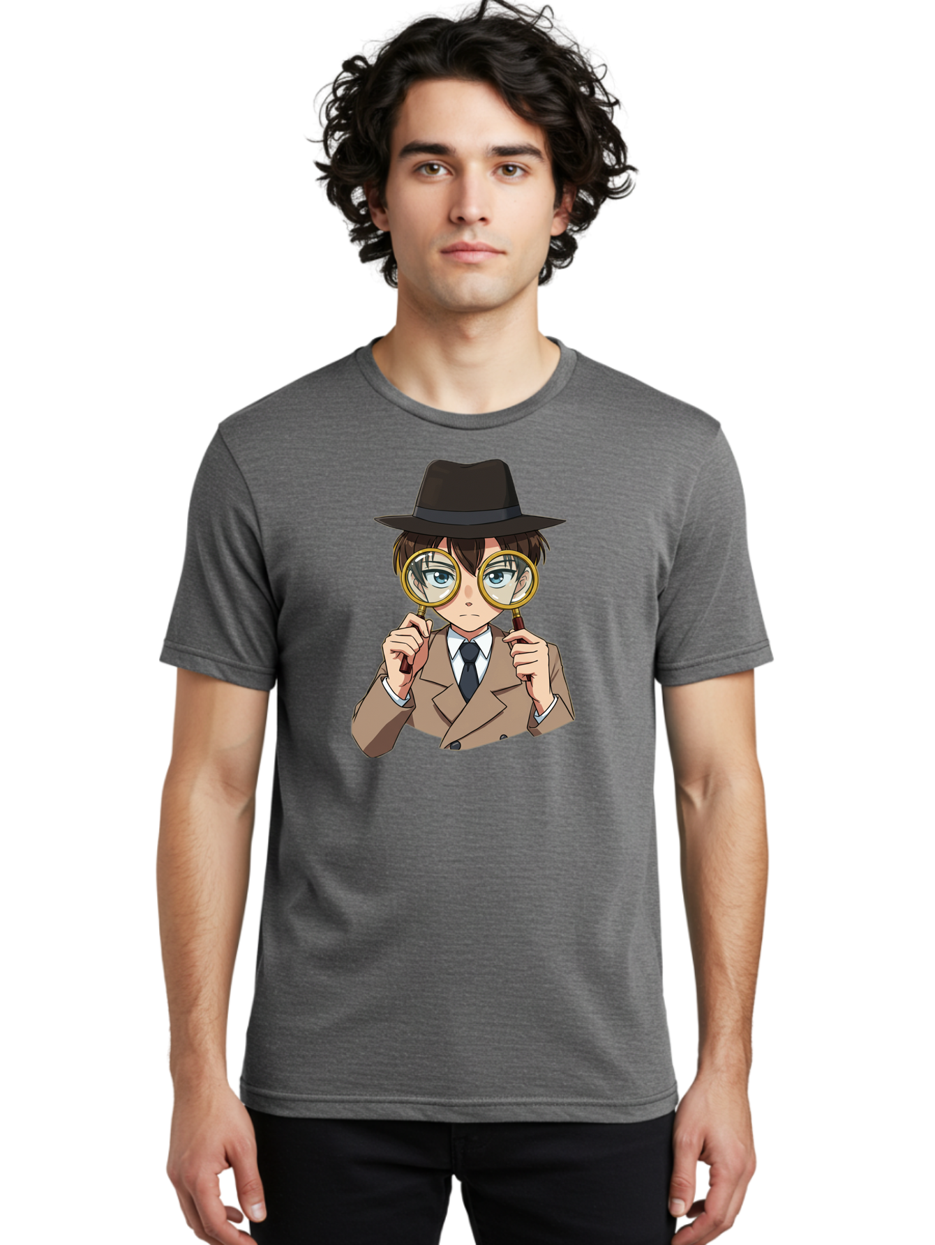 Detective-Boy Men'S Graphic Tee, 100% Cotton, Comfortable Casual Summer Wear, Machine Washable, Anime Boy, Magnifying Glass, Detective Theme, Investigation, Observation, Blue Eyes, Brown Hair, Brown Suit, Black Tie, White Shirt Bab855