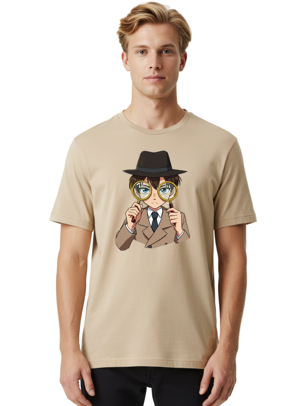 Detective-Boy Men'S Graphic Tee, 100% Cotton, Comfortable Casual Summer Wear, Machine Washable, Anime Boy, Magnifying Glass, Detective Theme, Investigation, Observation, Blue Eyes, Brown Hair, Brown Suit, Black Tie, White Shirt Bab855