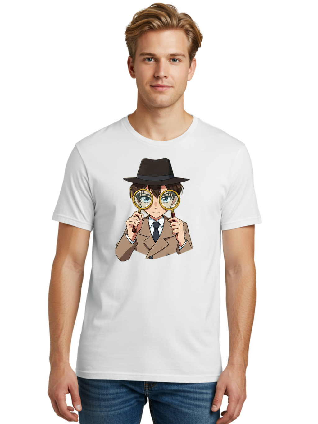 Detective-Boy Men'S Graphic Tee, 100% Cotton, Comfortable Casual Summer Wear, Machine Washable, Anime Boy, Magnifying Glass, Detective Theme, Investigation, Observation, Blue Eyes, Brown Hair, Brown Suit, Black Tie, White Shirt Bab855
