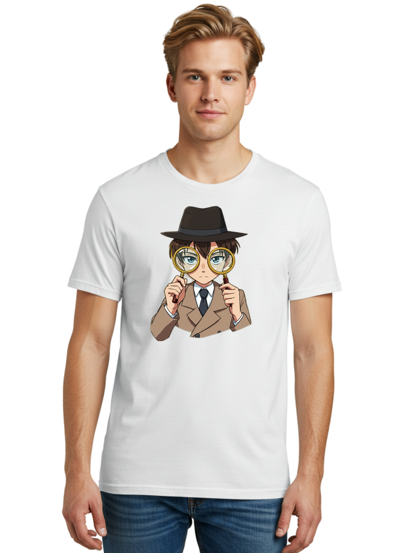 Detective-Boy Men'S Graphic Tee, 100% Cotton, Comfortable Casual Summer Wear, Machine Washable, Anime Boy, Magnifying Glass, Detective Theme, Investigation, Observation, Blue Eyes, Brown Hair, Brown Suit, Black Tie, White Shirt Bab855