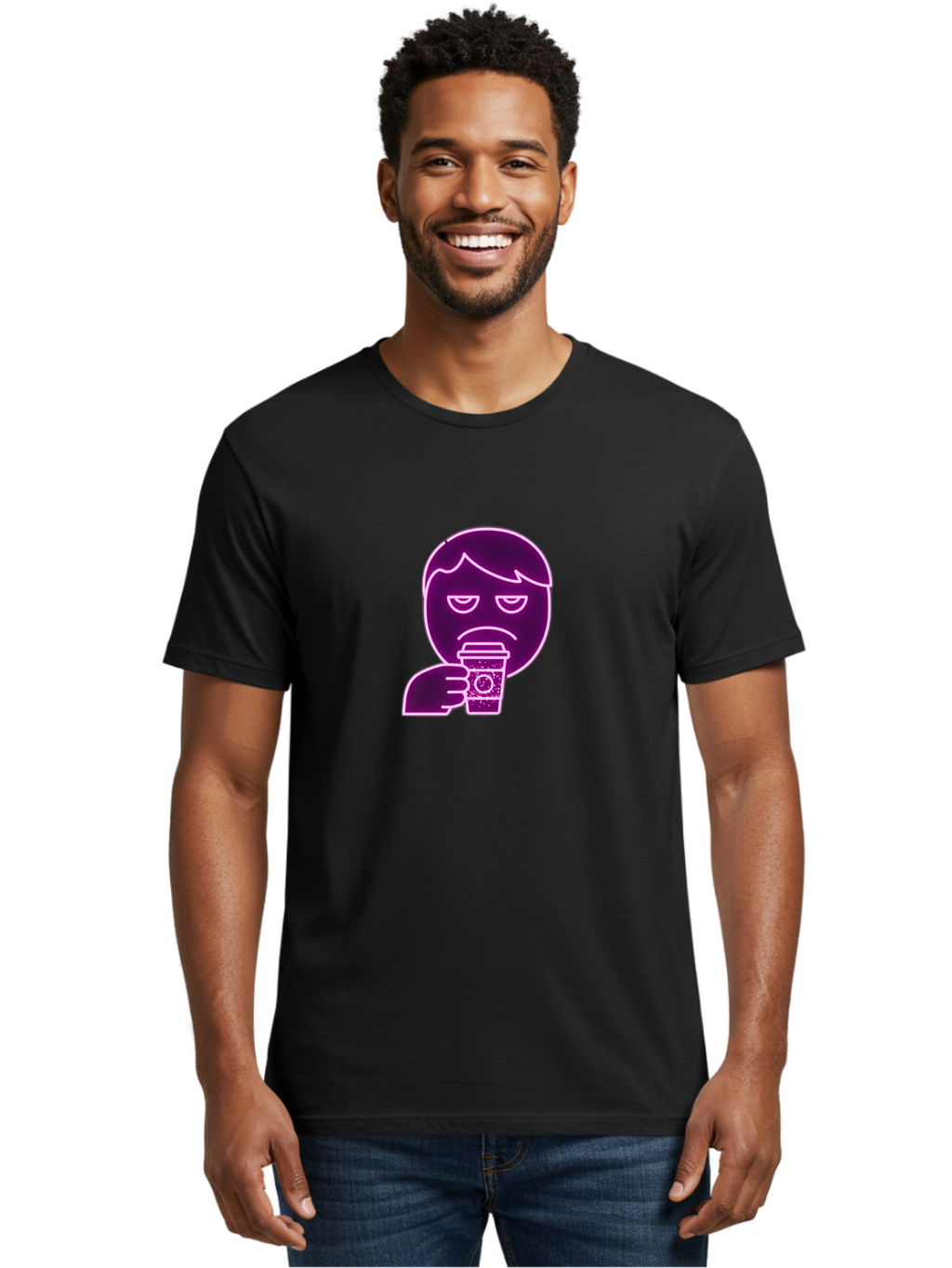 Disappointed-Coffee-Drinker Men'S Graphic Tee, 100% Cotton, Comfortable Casual Summer Wear, Machine Washable, Unhappy Person, Drinking Coffee, Sad Face, Frowning, Coffee Cup, Purple Illustration, Cartoon Character, Coffee Lover, Bab857