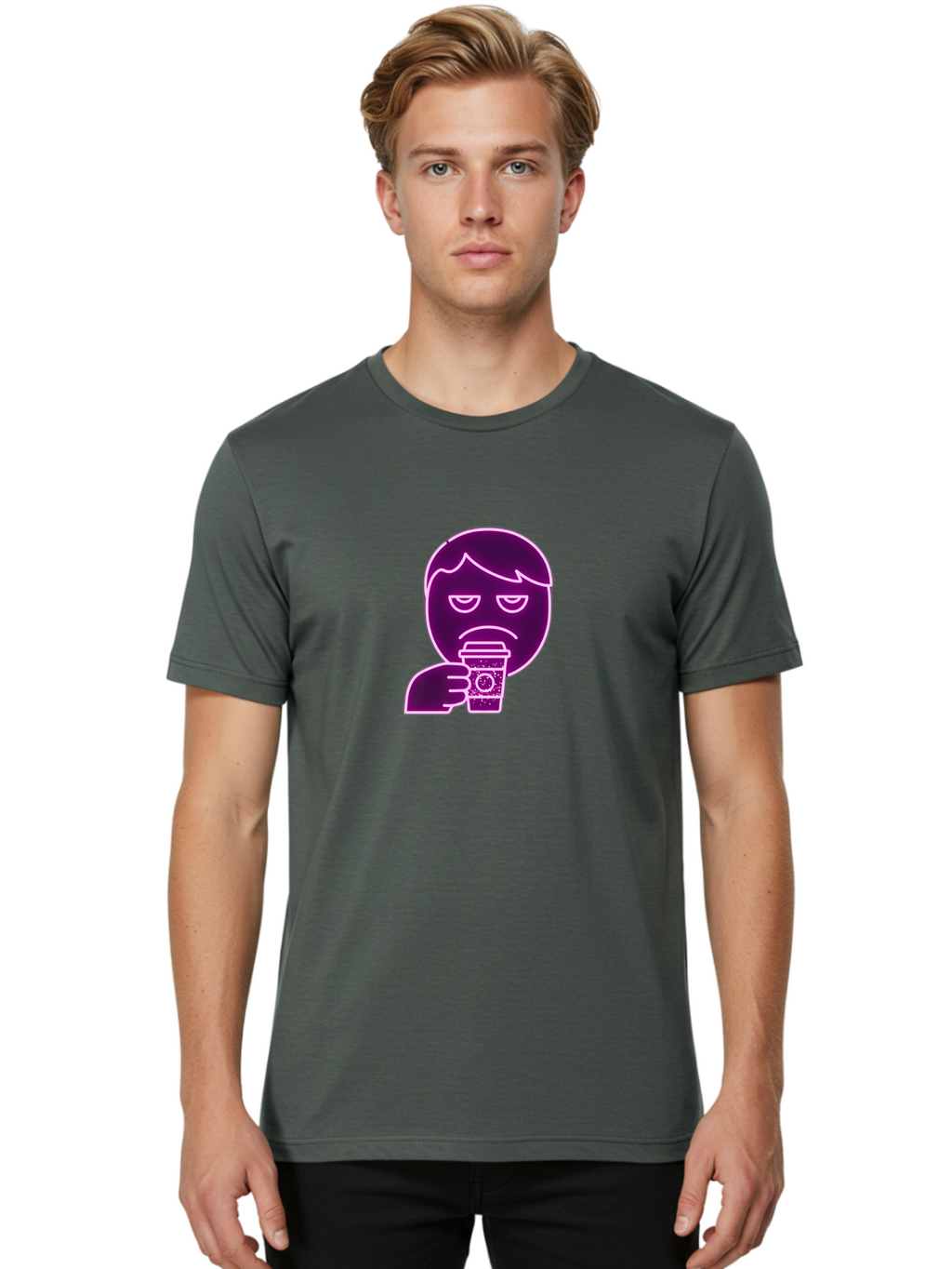 Disappointed-Coffee-Drinker Men'S Graphic Tee, 100% Cotton, Comfortable Casual Summer Wear, Machine Washable, Unhappy Person, Drinking Coffee, Sad Face, Frowning, Coffee Cup, Purple Illustration, Cartoon Character, Coffee Lover, Bab857