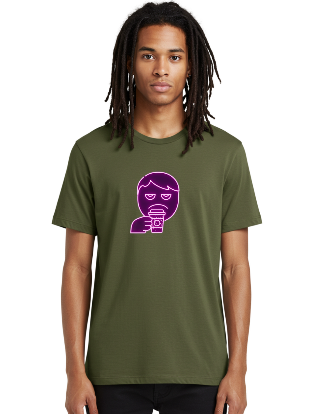 Disappointed-Coffee-Drinker Men'S Graphic Tee, 100% Cotton, Comfortable Casual Summer Wear, Machine Washable, Unhappy Person, Drinking Coffee, Sad Face, Frowning, Coffee Cup, Purple Illustration, Cartoon Character, Coffee Lover, Bab857