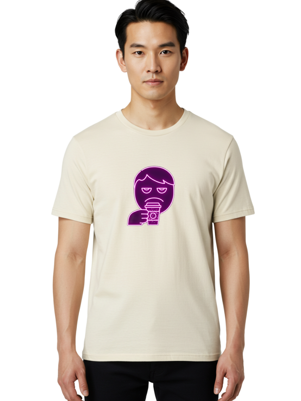 Disappointed-Coffee-Drinker Men'S Graphic Tee, 100% Cotton, Comfortable Casual Summer Wear, Machine Washable, Unhappy Person, Drinking Coffee, Sad Face, Frowning, Coffee Cup, Purple Illustration, Cartoon Character, Coffee Lover, Bab857