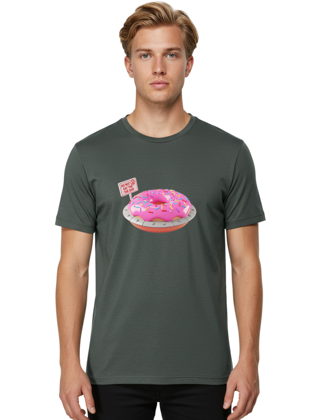 Do-Not-Eat-The-Ship-Donut Men'S Graphic Tee, 100% Cotton, Comfortable Casual Summer Wear, Machine Washable, Pink Donut With Sprinkles, Pastel Colors, Whimsical Humor, Funny Warning Sign, Playful Treat, Sweet Temptation, Pink Icing, Bab859