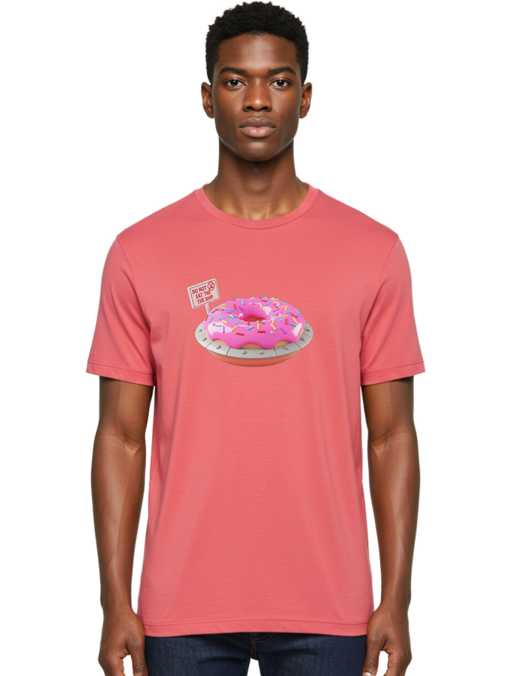 Do-Not-Eat-The-Ship-Donut Men'S Graphic Tee, 100% Cotton, Comfortable Casual Summer Wear, Machine Washable, Pink Donut With Sprinkles, Pastel Colors, Whimsical Humor, Funny Warning Sign, Playful Treat, Sweet Temptation, Pink Icing, Bab859