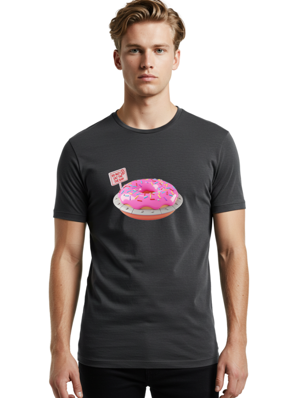 Do-Not-Eat-The-Ship-Donut Men'S Graphic Tee, 100% Cotton, Comfortable Casual Summer Wear, Machine Washable, Pink Donut With Sprinkles, Pastel Colors, Whimsical Humor, Funny Warning Sign, Playful Treat, Sweet Temptation, Pink Icing, Bab859