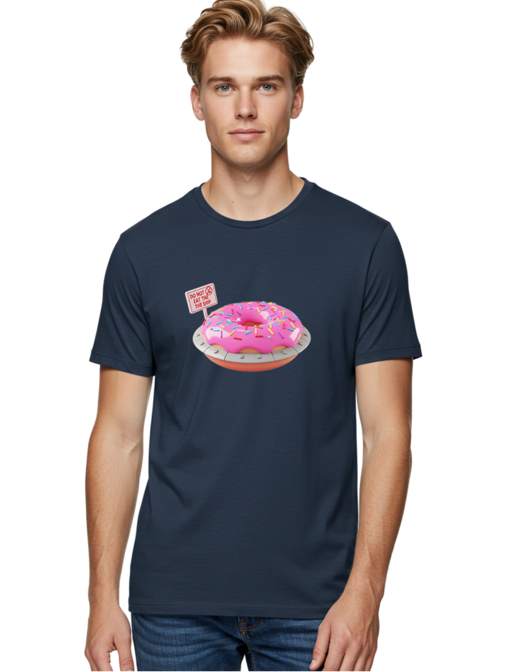 Do-Not-Eat-The-Ship-Donut Men'S Graphic Tee, 100% Cotton, Comfortable Casual Summer Wear, Machine Washable, Pink Donut With Sprinkles, Pastel Colors, Whimsical Humor, Funny Warning Sign, Playful Treat, Sweet Temptation, Pink Icing, Bab859