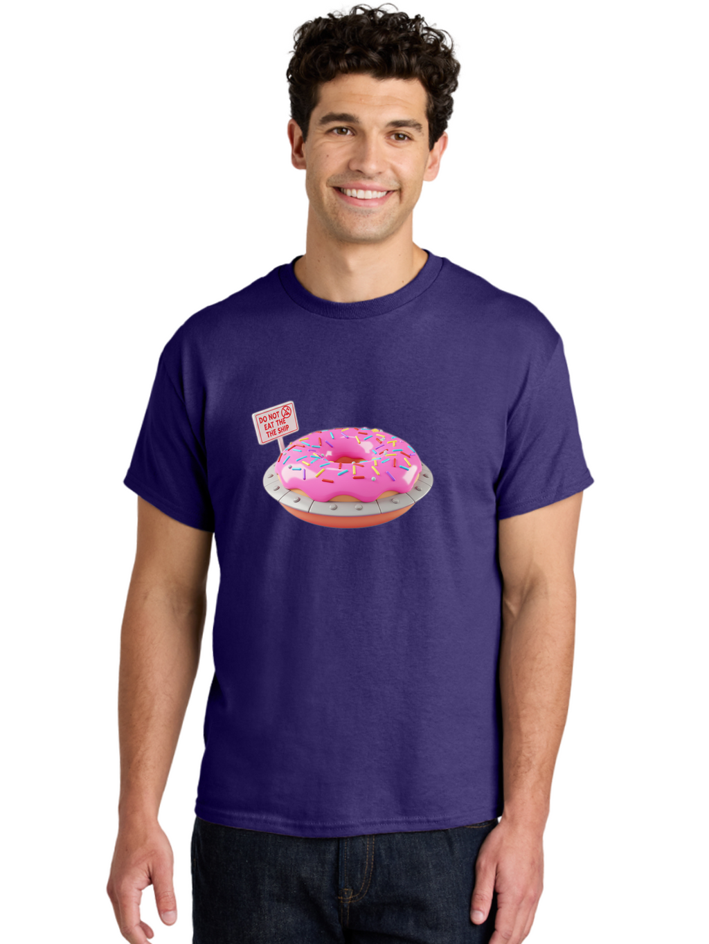 Do-Not-Eat-The-Ship-Donut Men'S Graphic Tee, 100% Cotton, Comfortable Casual Summer Wear, Machine Washable, Pink Donut With Sprinkles, Pastel Colors, Whimsical Humor, Funny Warning Sign, Playful Treat, Sweet Temptation, Pink Icing, Bab859