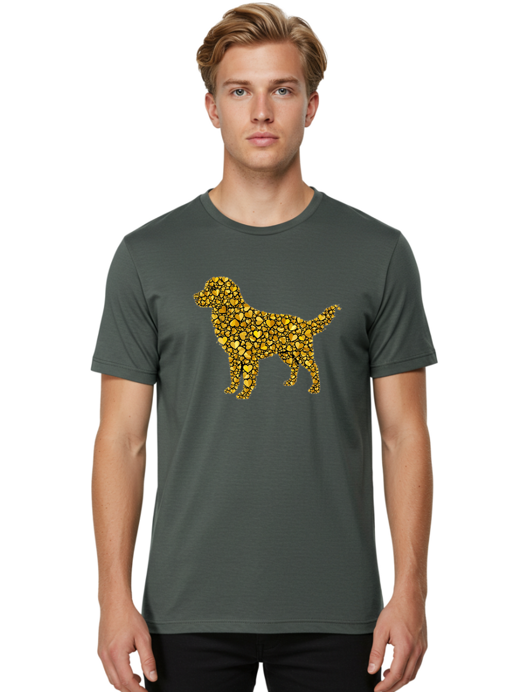 Dog-Golden-Hearts Men'S Graphic Tee, 100% Cotton, Comfortable Casual Summer Wear, Machine Washable, Dog Silhouette, Golden Hearts, Black Outlines, Animal Design, Heart Pattern, Golden Hues, Dog Shape, Heart-Filled Dog Bab860