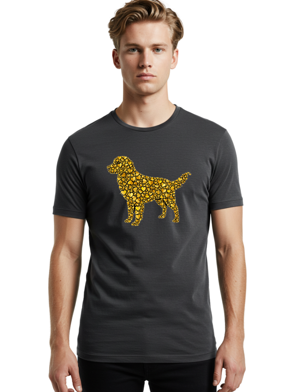 Dog-Golden-Hearts Men'S Graphic Tee, 100% Cotton, Comfortable Casual Summer Wear, Machine Washable, Dog Silhouette, Golden Hearts, Black Outlines, Animal Design, Heart Pattern, Golden Hues, Dog Shape, Heart-Filled Dog Bab860