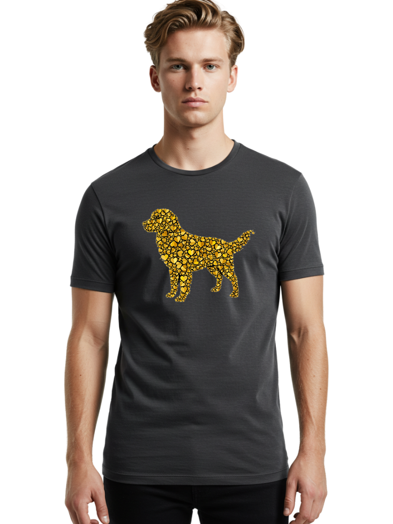 Dog-Golden-Hearts Men'S Graphic Tee, 100% Cotton, Comfortable Casual Summer Wear, Machine Washable, Dog Silhouette, Golden Hearts, Black Outlines, Animal Design, Heart Pattern, Golden Hues, Dog Shape, Heart-Filled Dog Bab860