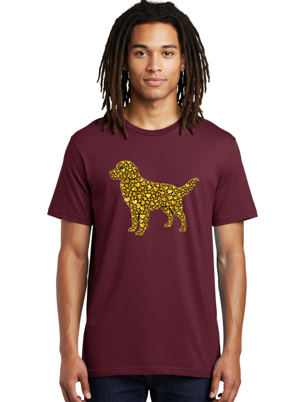 Dog-Golden-Hearts Men'S Graphic Tee, 100% Cotton, Comfortable Casual Summer Wear, Machine Washable, Dog Silhouette, Golden Hearts, Black Outlines, Animal Design, Heart Pattern, Golden Hues, Dog Shape, Heart-Filled Dog Bab860