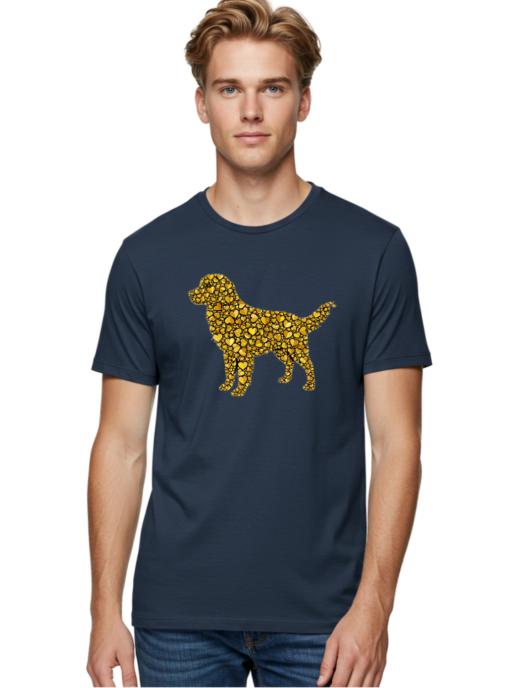 Dog-Golden-Hearts Men'S Graphic Tee, 100% Cotton, Comfortable Casual Summer Wear, Machine Washable, Dog Silhouette, Golden Hearts, Black Outlines, Animal Design, Heart Pattern, Golden Hues, Dog Shape, Heart-Filled Dog Bab860