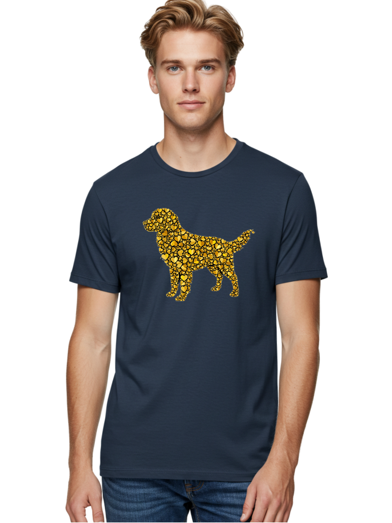 Dog-Golden-Hearts Men'S Graphic Tee, 100% Cotton, Comfortable Casual Summer Wear, Machine Washable, Dog Silhouette, Golden Hearts, Black Outlines, Animal Design, Heart Pattern, Golden Hues, Dog Shape, Heart-Filled Dog Bab860